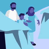 Cartoon image of a refugee family in a refugee camp
